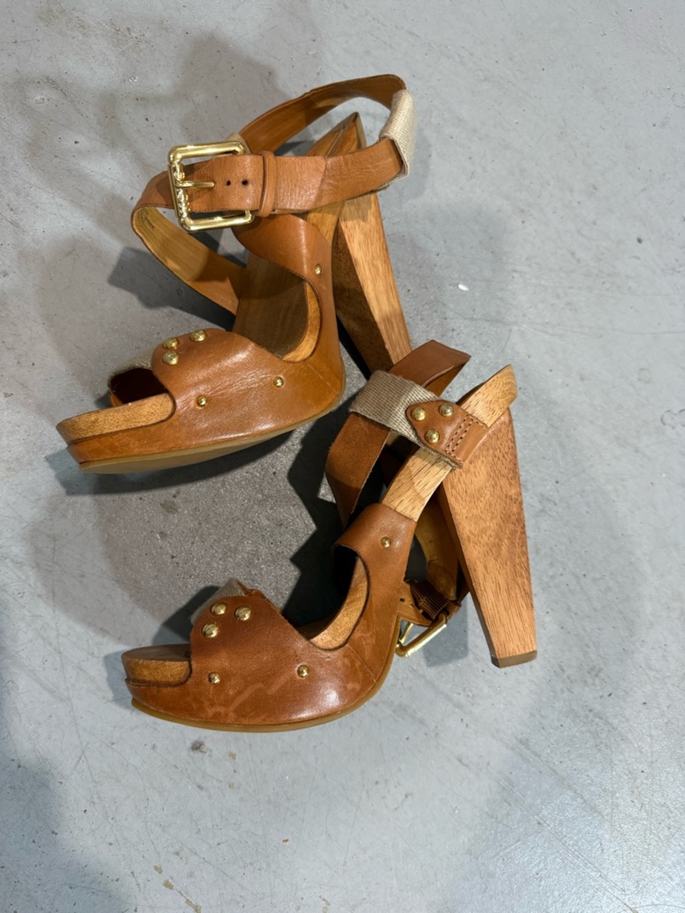Michael Kors Brown Leather Platform Sandal with Gold Accents